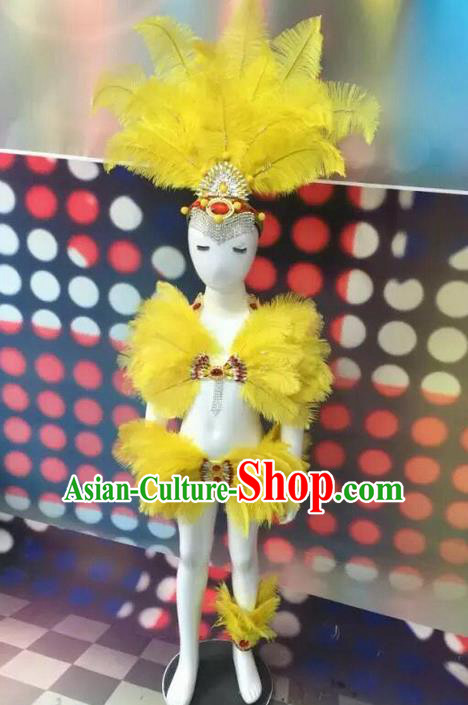 Top Grade Compere Professional Performance Catwalks Swimsuit Bikini Costume, Children Chorus Customize Yellow Feather Full Dress Modern Dance Baby Princess Modern Fancywork Long Trailing Clothing Complete Set for Girls Kids