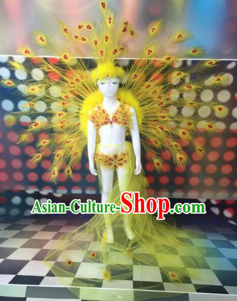 Top Grade Compere Professional Performance Catwalks Swimsuit Bikini Costume, Children Chorus Customize Yellow Peacock Feather Full Dress Modern Dance Baby Princess Modern Fancywork Long Trailing Clothing Complete Set for Girls Kids