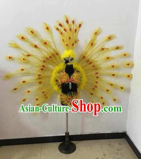 Top Grade Compere Professional Performance Catwalks Swimsuit Bikini Costume, Children Chorus Customize Yellow Peacock Feather Full Dress Modern Dance Baby Princess Modern Fancywork Clothing Complete Set for Girls Kids