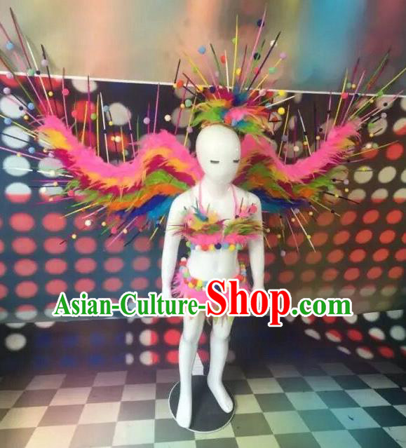 Top Grade Compere Professional Performance Catwalks Swimsuit Bikini Costume, Children Chorus Customize with Peacock Feather Wings Full Dress Modern Dance Baby Princess Modern Fancywork Clothing Complete Set for Girls Kids