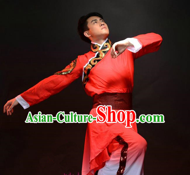 Traditional Chinese Classical Dance Yangge Fan Dance Costume, Folk Dance Drum Dance Uniform Yangko Red Clothing Complete Set for Men