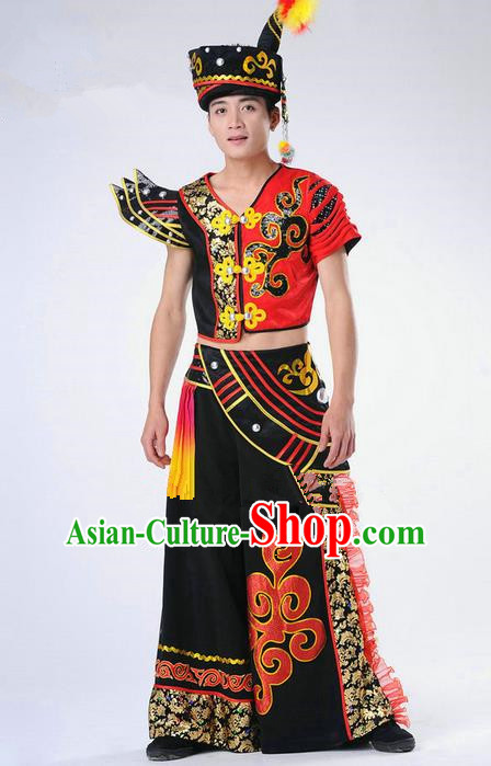 Traditional Chinese Yi Nationality Dancing Costume, Yi Nationality Male Folk Dance Clothing Complete Set, Chinese Yi Minority Nationality Embroidery Costume for Men