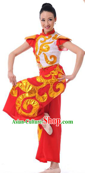 Traditional Chinese Classical Dance Yangge Fan Dancing Costume, Folk Dance Drum Dance Uniform Yangko Costume Complete Set for Women