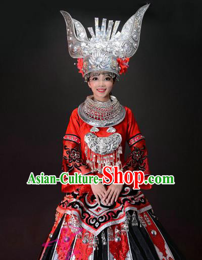 Traditional Chinese Miao Nationality Dancing Costume, Hmong Folk Dance Ethnic Costume, Chinese Miao Minority Nationality Dance Costume for Women