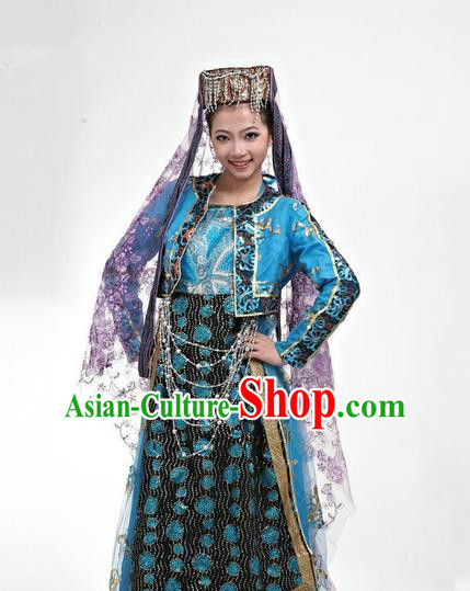 Traditional Chinese Hui Nationality Dancing Costume, Folk Dance Hui Ethnic Blue Costume, Chinese Hui Minority Nationality Uigurian Dance Costume for Women