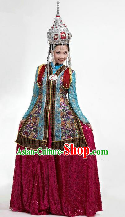 Traditional Chinese Mongol Nationality Dancing Costume, Mongols Female Folk Dance Ethnic Pleated Skirt, Chinese Mongolian Minority Nationality Embroidery Clothing Complete Set for Women