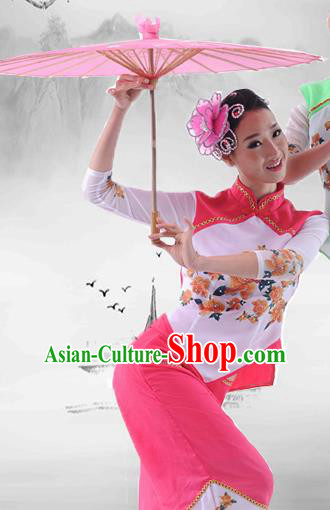 Traditional Chinese Classical Dance Yangge Fan Dancing Umbrella Dance Costume, Folk Dance Drum Dance Uniform Yangko Pink Clothing Complete Set for Women