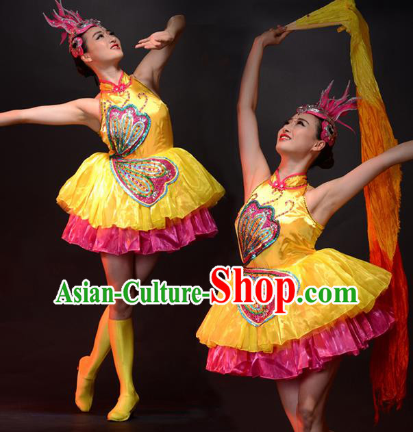 Traditional Chinese Classical Dance Fan Dancing Umbrella Dance Costume, Folk Dance Drum Dance Uniform Yangko Bubble Dress for Women