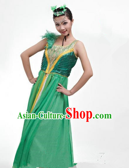 Chinese Classic Stage Performance Chorus Singing Group Dance Costumes, Opening Dance Competition Green Dress, Classic Dance Clothing for Women