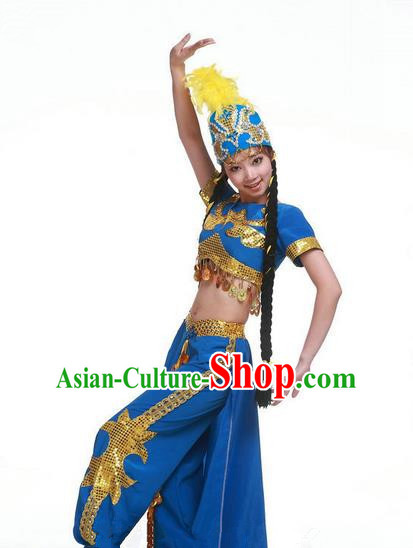 Traditional Chinese Uyghur Nationality Dancing Costume, Folk Dance Ethnic Clothing Blue Uniform, Chinese Minority Nationality Uigurian Dance Costume for Women