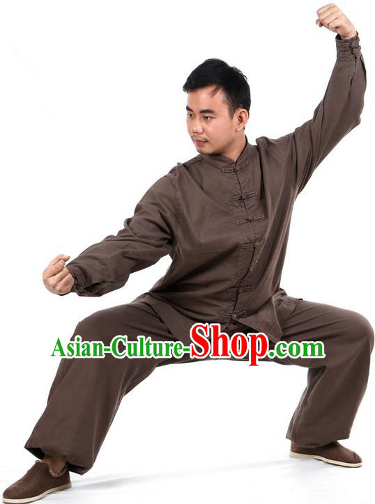 Top Kung Fu Costume Martial Arts Dark Brown Suits Pulian Clothing, Training Costume Tai Ji Uniforms Gongfu Shaolin Wushu Tai Chi Clothing for Men
