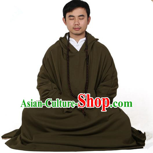 Top Kung Fu Costume Martial Arts Army Green Cloak Pulian Zen Clothing, Tai Ji Mantle Gongfu Shaolin Wushu Tai Chi Meditation Hooded Cape for Men