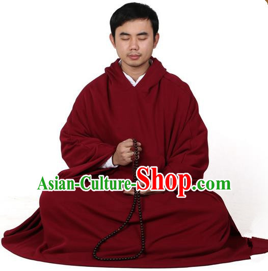 Top Kung Fu Costume Martial Arts Wine Red Cloak Pulian Zen Clothing, Tai Ji Mantle Gongfu Shaolin Wushu Tai Chi Meditation Hooded Cape for Men