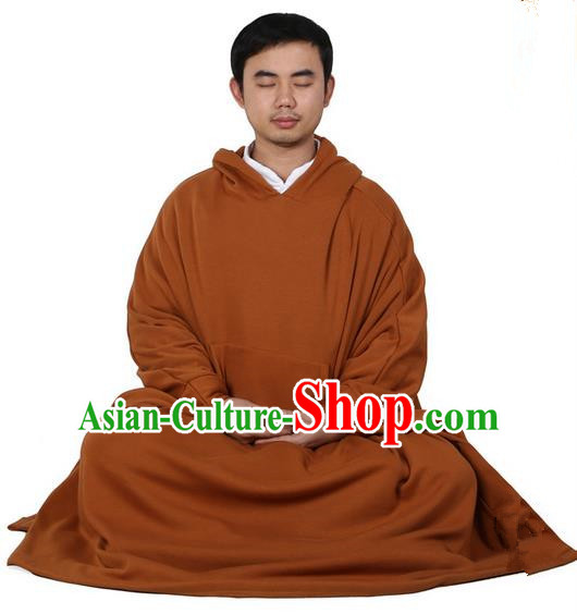 Top Kung Fu Costume Martial Arts Dark Yellow Cloak Pulian Zen Clothing, Tai Ji Mantle Gongfu Shaolin Wushu Tai Chi Meditation Hooded Cape for Men