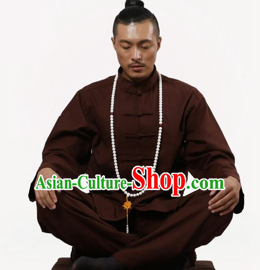 Top Grade Kung Fu Costume Martial Arts Coffee Linen Suits Pulian Zen Clothing, Training Costume Tai Ji Uniforms Gongfu Shaolin Wushu Tai Chi Clothing for Men