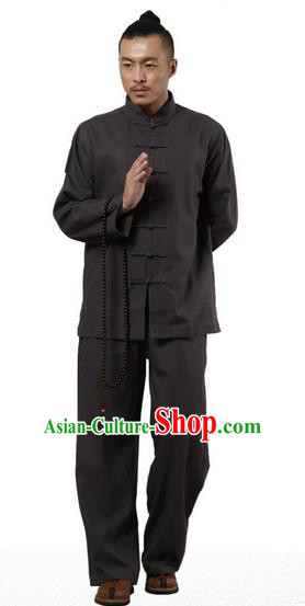 Top Grade Kung Fu Costume Martial Arts Black Linen Suits Pulian Zen Clothing, Training Costume Tai Ji Uniforms Gongfu Shaolin Wushu Tai Chi Clothing for Men