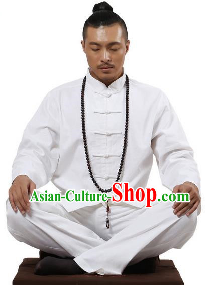 Top Grade Kung Fu Costume Martial Arts White Linen Suits Pulian Zen Clothing, Training Costume Tai Ji Uniforms Gongfu Shaolin Wushu Tai Chi Clothing for Men