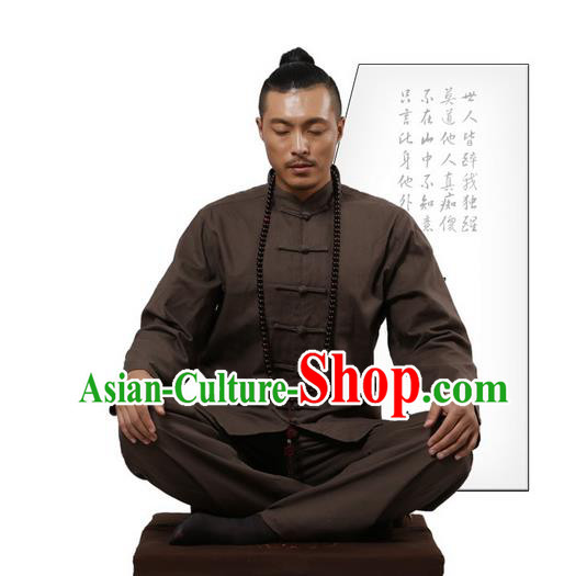 Top Grade Kung Fu Costume Martial Arts Brown Linen Suits Pulian Zen Clothing, Training Costume Tai Ji Uniforms Gongfu Shaolin Wushu Tai Chi Clothing for Men