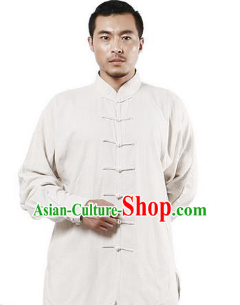 Top Grade Kung Fu Costume Martial Arts Beige Linen Suits Pulian Zen Clothing, Training Costume Tai Ji Uniforms Gongfu Shaolin Wushu Tai Chi Plated Buttons Clothing for Men