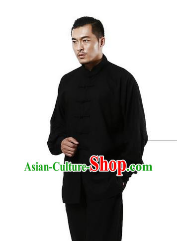 Top Grade Kung Fu Costume Martial Arts Black Linen Suits Pulian Zen Clothing, Training Costume Tai Ji Uniforms Gongfu Shaolin Wushu Tai Chi Plated Buttons Clothing for Men