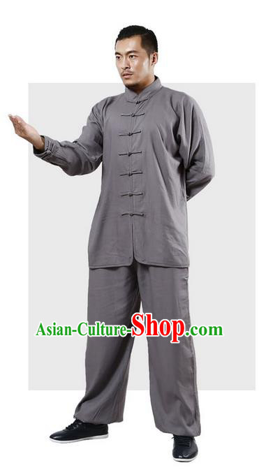 Top Grade Kung Fu Costume Martial Arts Grey Linen Suits Pulian Zen Clothing, Training Costume Tai Ji Uniforms Gongfu Shaolin Wushu Tai Chi Plated Buttons Clothing for Men