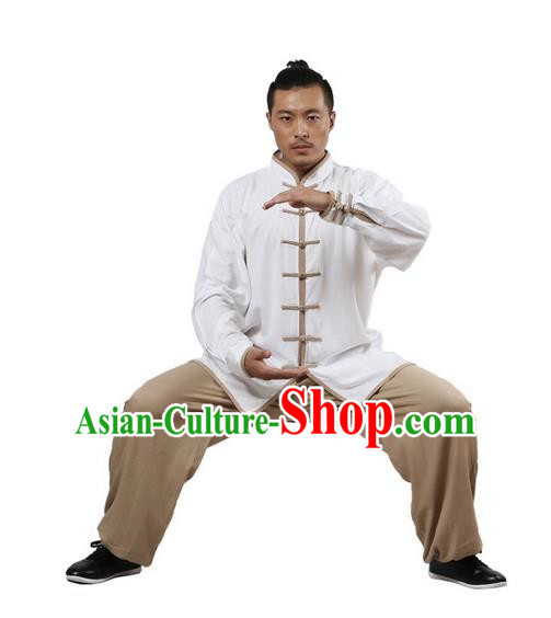 Top Grade Kung Fu Costume Martial Arts White Khaki Edge Suits Pulian Zen Clothing, Training Costume Tai Ji Uniforms Gongfu Shaolin Wushu Tai Chi Plated Buttons Clothing for Men