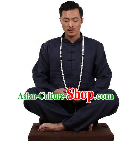 Top Grade Kung Fu Costume Martial Arts Navy Ice Silk Linen Suits Pulian Zen Clothing, Training Costume Tai Ji Uniforms Gongfu Shaolin Wushu Tai Chi Plated Buttons Clothing for Men