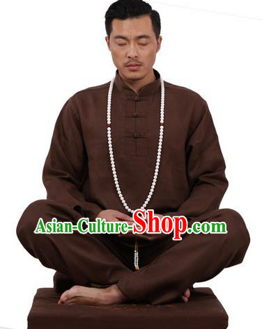 Top Grade Kung Fu Costume Martial Arts Coffee Ice Silk Linen Suits Pulian Zen Clothing, Training Costume Tai Ji Uniforms Gongfu Shaolin Wushu Tai Chi Plated Buttons Clothing for Men