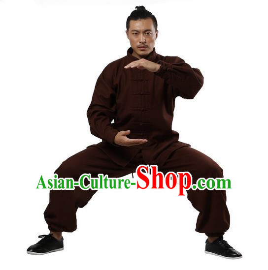 Top Grade Kung Fu Costume Martial Arts Coffee Brushed Linen Thicken Suits Pulian Zen Clothing, Training Costume Tai Ji Uniforms Gongfu Shaolin Wushu Tai Chi Plated Buttons Clothing for Men