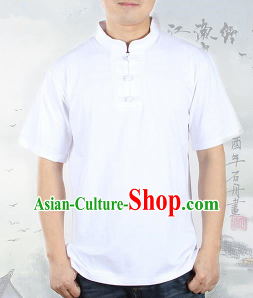 Top Grade Kung Fu Costume Martial Arts White Upper Outer Garment Pulian Zen Clothing, Training Costume Gongfu Shaolin Wushu Tai Chi Plated Buttons T-Shirts Clothing for Men