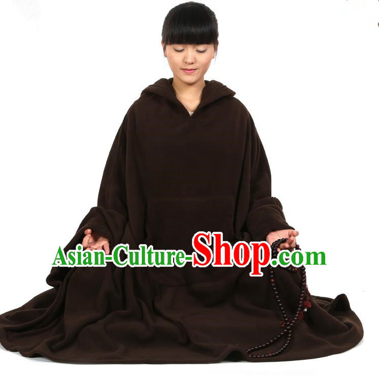 Top Kung Fu Costume Martial Arts Deep Brownness Cloak Pulian Clothing, Tai Ji Mantle Gongfu Shaolin Wushu Tai Chi Meditation Cape for Women