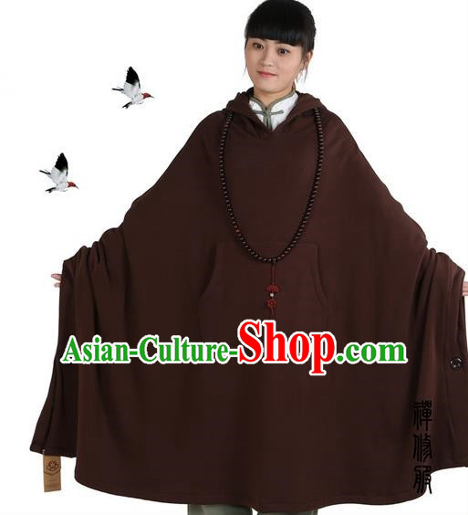 Top Kung Fu Costume Martial Arts Brownness Hooded Cloak Pulian Clothing, Tai Ji Mantle Gongfu Shaolin Wushu Tai Chi Meditation Cape for Women