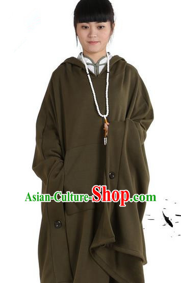 Top Kung Fu Costume Martial Arts Army Green Hooded Cloak Pulian Clothing, Tai Ji Mantle Gongfu Shaolin Wushu Tai Chi Meditation Cape for Women