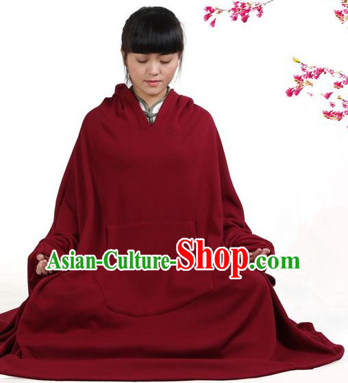 Top Kung Fu Costume Martial Arts Saffron Hooded Cloak Pulian Clothing, Tai Ji Mantle Gongfu Shaolin Wushu Tai Chi Meditation Cape for Women