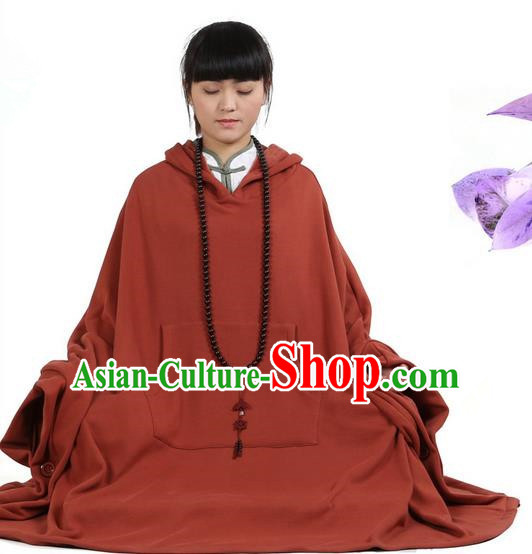 Top Kung Fu Costume Martial Arts Orange Hooded Cloak Pulian Clothing, Tai Ji Mantle Gongfu Shaolin Wushu Tai Chi Meditation Cape for Women