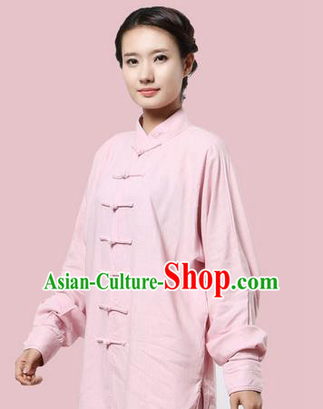 Top Grade Kung Fu Costume Martial Arts Pink Linen Suits Pulian Zen Clothing, Training Costume Tai Ji Uniforms Gongfu Shaolin Wushu Tai Chi Plated Buttons Clothing for Women