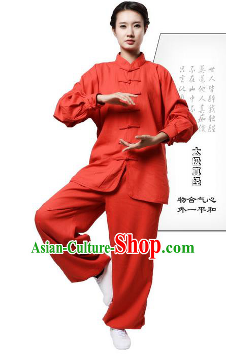 Top Grade Kung Fu Costume Martial Arts Orange Red Linen Suits Pulian Zen Clothing, Training Costume Tai Ji Uniforms Gongfu Shaolin Wushu Tai Chi Plated Buttons Clothing for Women