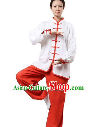 Top Grade Kung Fu Costume Martial Arts White Red Edge Suits Pulian Zen Clothing, Training Costume Tai Ji Uniforms Gongfu Shaolin Wushu Tai Chi Plated Buttons Clothing for Women