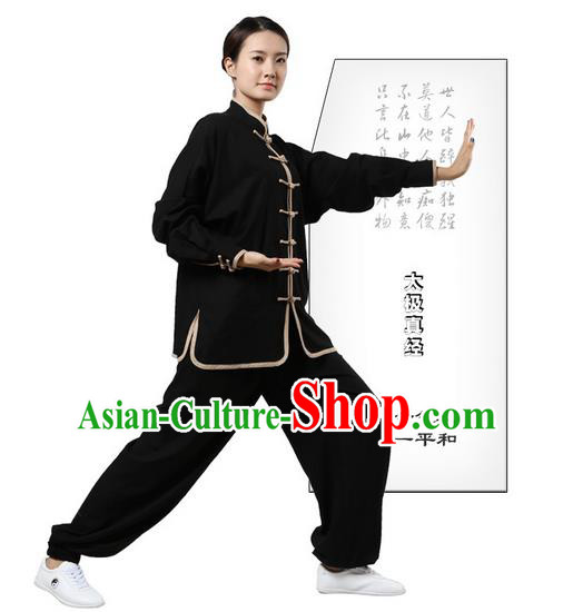 Top Grade Kung Fu Costume Martial Arts Black Grey Edge Suits Pulian Zen Clothing, Training Costume Tai Ji Uniforms Gongfu Shaolin Wushu Tai Chi Plated Buttons Clothing for Women