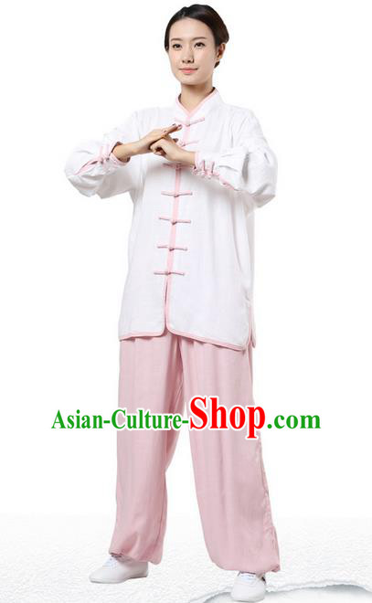 Top Grade Kung Fu Costume Martial Arts White Pink Edge Suits Pulian Zen Clothing, Training Costume Tai Ji Uniforms Gongfu Shaolin Wushu Tai Chi Plated Buttons Clothing for Women