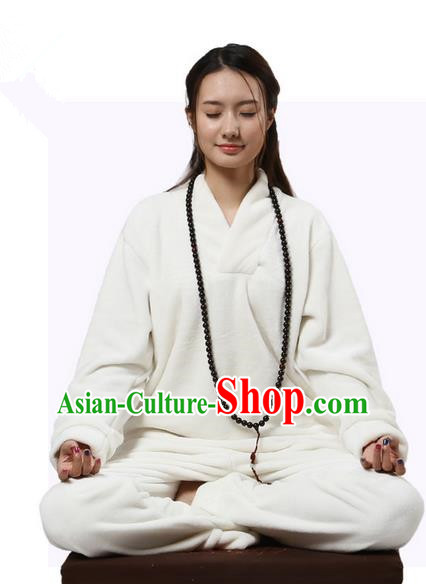 Top Grade Kung Fu Costume Martial Arts Thicken Flannel White Cloak Suits Pulian Zen Clothing, Training Costume Tai Ji Uniforms Gongfu Shaolin Wushu Tai Chi Clothing for Women