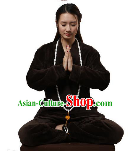 Top Grade Kung Fu Costume Martial Arts Thicken Flannel Light Tan Cloak Suits Pulian Zen Clothing, Training Costume Tai Ji Uniforms Gongfu Shaolin Wushu Tai Chi Clothing for Women