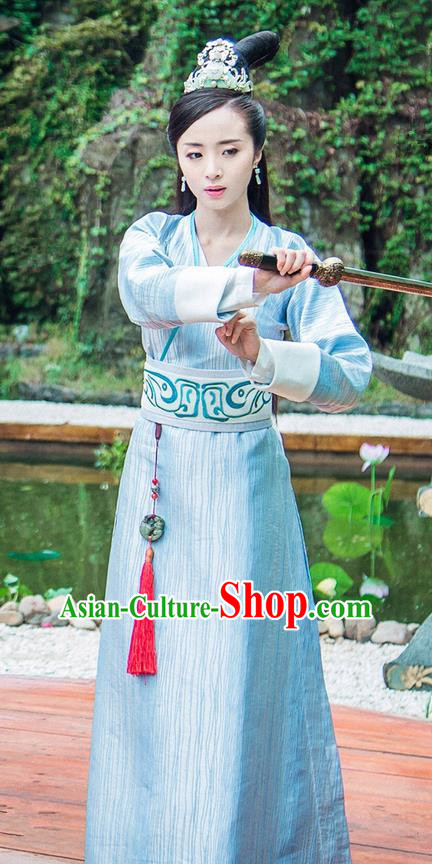 Traditional Chinese Ancient Swordswoman Dress Costume, Chinese Northern and Southern Dynasties Television Tokgo World Heroine Hanfu Clothing and Headpiece Complete Set for Women