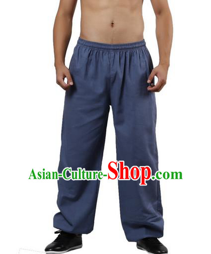 Top Grade Kung Fu Costume Martial Arts Blue Linen Pants Pulian Zen Clothing, Training Bloomers Gongfu Trousers Shaolin Wushu Tai Chi Plus Fours for Men