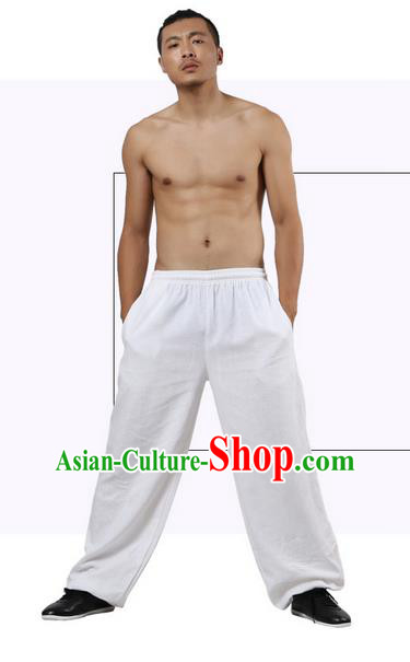 Top Grade Kung Fu Costume Martial Arts White Linen Pants Pulian Zen Clothing, Training Bloomers Gongfu Trousers Shaolin Wushu Tai Chi Plus Fours for Men