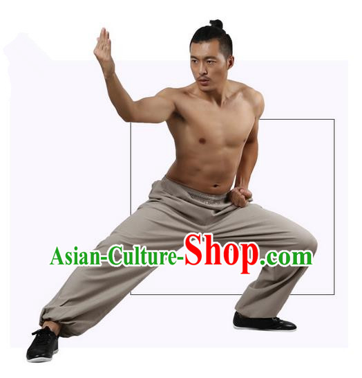 Top Grade Kung Fu Costume Martial Arts Grey Linen Pants Pulian Zen Clothing, Training Bloomers Gongfu Trousers Shaolin Wushu Tai Chi Plus Fours for Men