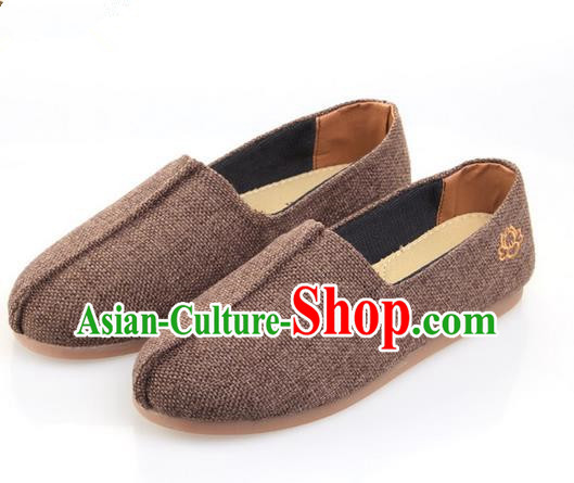 Top Grade Kung Fu Martial Arts Shoes Pulian Zen Shoes, Chinese Traditional Tai Chi Fine Linen Brown Shoes for Women for Men