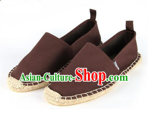 Top Grade Kung Fu Martial Arts Shoes Pulian Shoes, Chinese Traditional Tai Chi Linen Brown Shoes Monk Straw Cloth Shoes for Women for Men