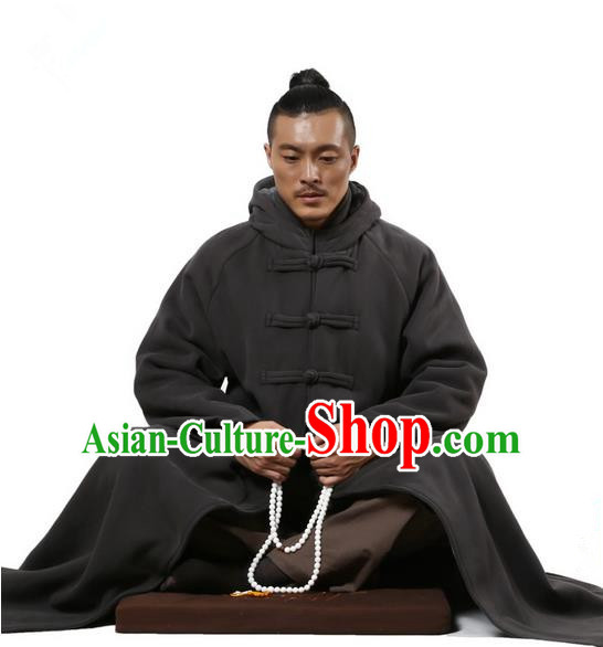 Top Kung Fu Costume Martial Arts Deep Grey Cloak Pulian Clothing, Tai Ji Mantle Gongfu Shaolin Wushu Tai Chi Meditation Plated Buttons Cape for Women for Men