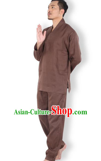 Top Grade Kung Fu Costume Martial Arts Linen Meditation Suits Pulian Zen Clothing, Training Costume Tai Ji Coffee Uniforms Gongfu Shaolin Wushu Tai Chi Clothing for Men